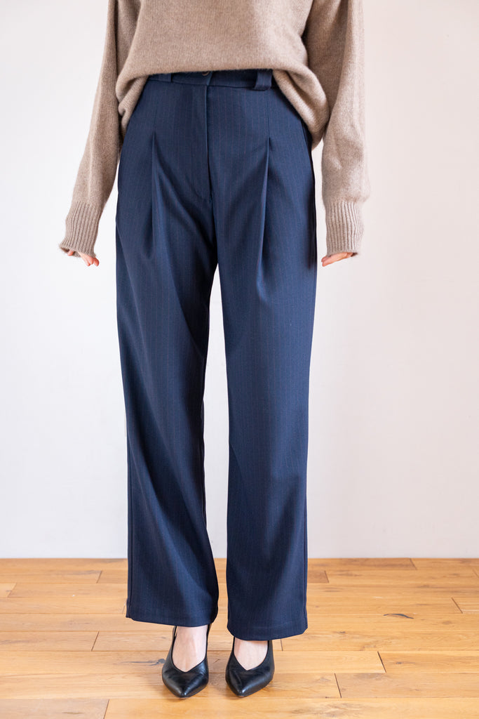 Cila Peony nohavice hladké pásikavé vlna biznis 